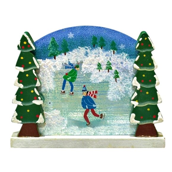 Christmas Winter T-Lite Holder Ice Skaters Wooden Vintage Ewes View w Lite & Box - Picture 3 of 10